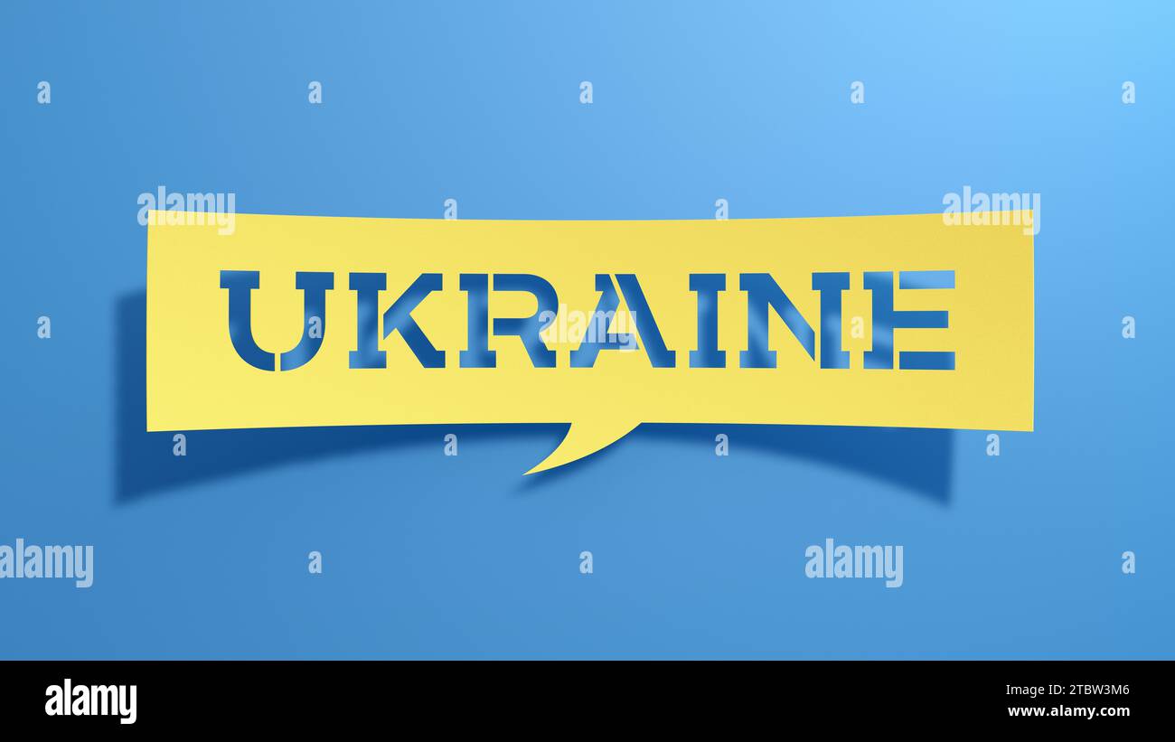Ukraine. Bulle de parole. Design abstrait minimaliste avec papier découpé jaune sur fond bleu. Rendu 3D. Banque D'Images