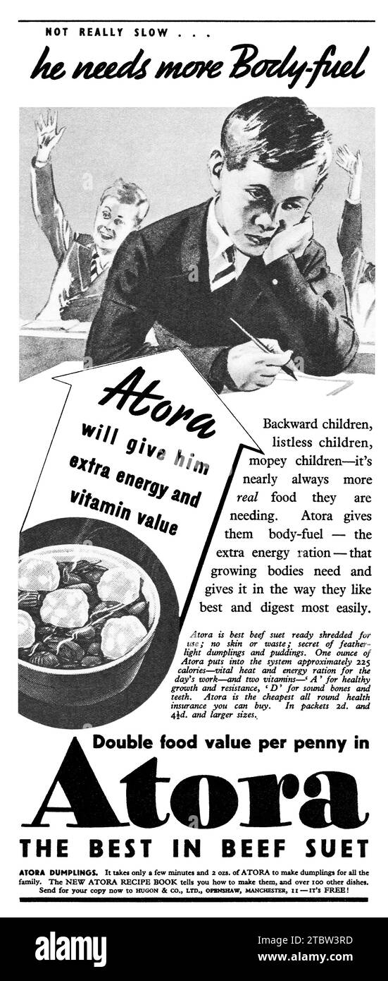 1939 Publicité britannique pour les boulettes de suet de bœuf Atora. Banque D'Images