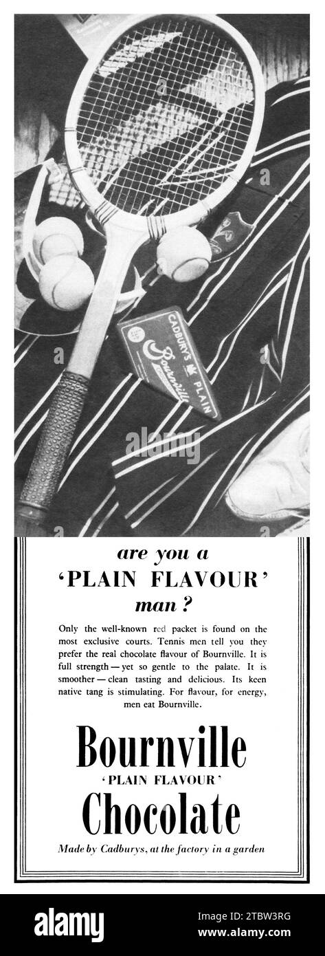 1939 Publicité britannique pour le chocolat Bournville « Plain Flavour » de Cadburys. Banque D'Images