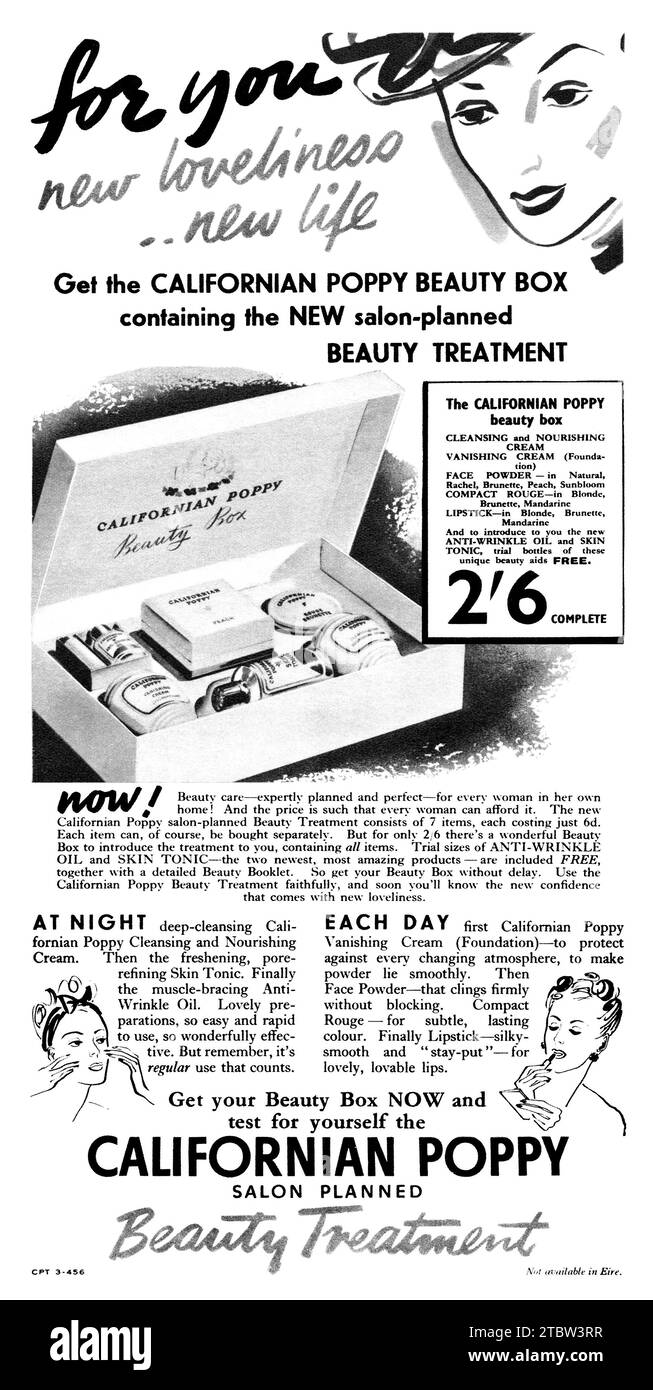 1939 Publicité britannique pour la California Poppy Beauty Box, un coffret cadeau de cosmétiques et de crèmes. Banque D'Images