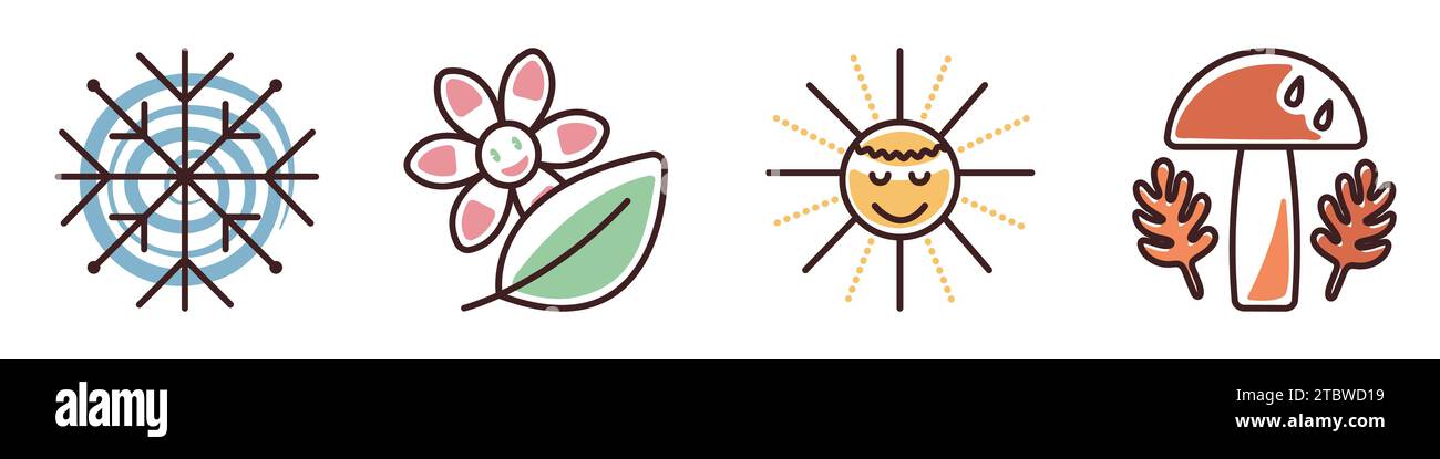 Ensemble d'icônes groovy de quatre saisons, signes vectoriels de couleur de l'hiver, du printemps, de l'été et de l'automne Illustration de Vecteur