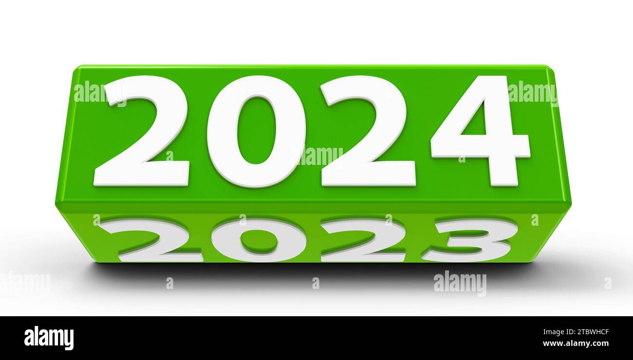 Cube vert (cuboïde) avec changement 2024-2023 sur une table blanche représente la nouvelle illustration 3D 2024, rendu tridimensionnel Banque D'Images