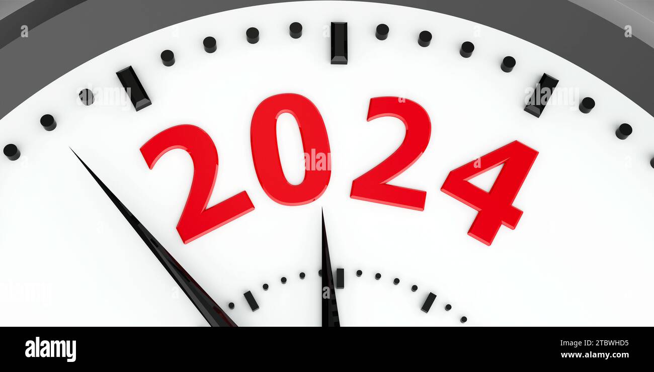 Horloge noire avec 2024 représente la nouvelle année à venir 2024, rendu tridimensionnel, illustration 3D. Banque D'Images