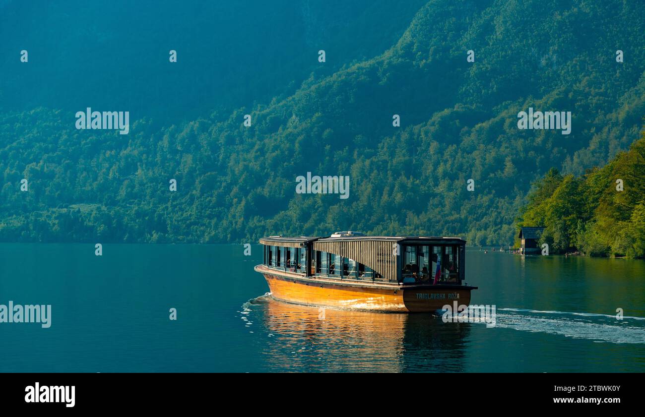 Une photo d'un bateau sur le lac Bohinj Banque D'Images