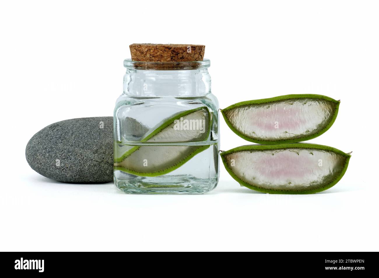 Tranches de feuilles d'aloès dans un pot en verre isolé sur fond blanc, ingrédients cosmétiques organiques, médecine alternative Banque D'Images
