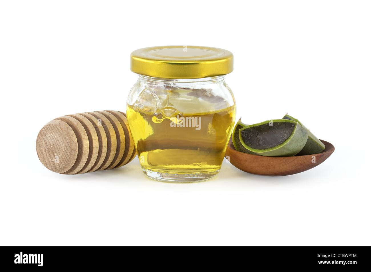 Aloe vera et miel pur dans un pot en verre isolé sur fond blanc, utile à usage médicinal, médecine alternative Banque D'Images