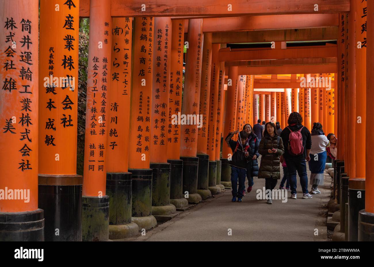 Une photo de personnes visitant le sanctuaire Fushimi Inari Taisha entre les portes torii Banque D'Images