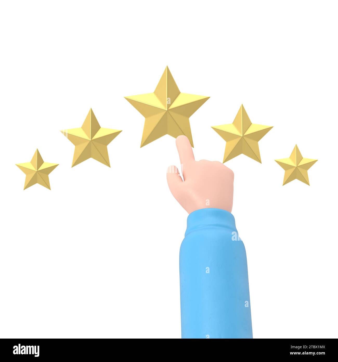 Icône d'évaluation. Star illustration 3d design plat. Concept de feedback. Système d'évaluation. Avis positif. Travail de qualité. Le doigt de l'homme pointe vers la star.3D. Banque D'Images