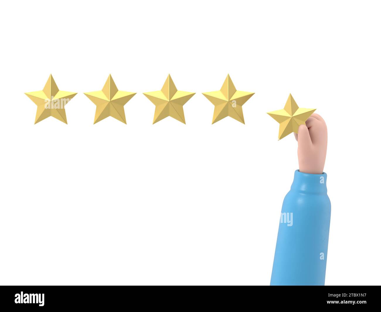 Nombre d'étoiles. Tenant une étoile d'or, pour donner cinq. Concept de feedback. Système d'évaluation. Avis positif. illustration 3d conception plate. Travail de qualité.3D ren Banque D'Images