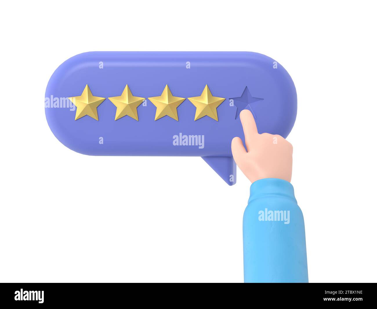 Main de l'utilisateur pointant sur le formulaire de sondage et choisissant l'étoile jaune. Avis client positif cinq étoiles. Feedback en ligne, rendu 3D sur fond blanc. Banque D'Images