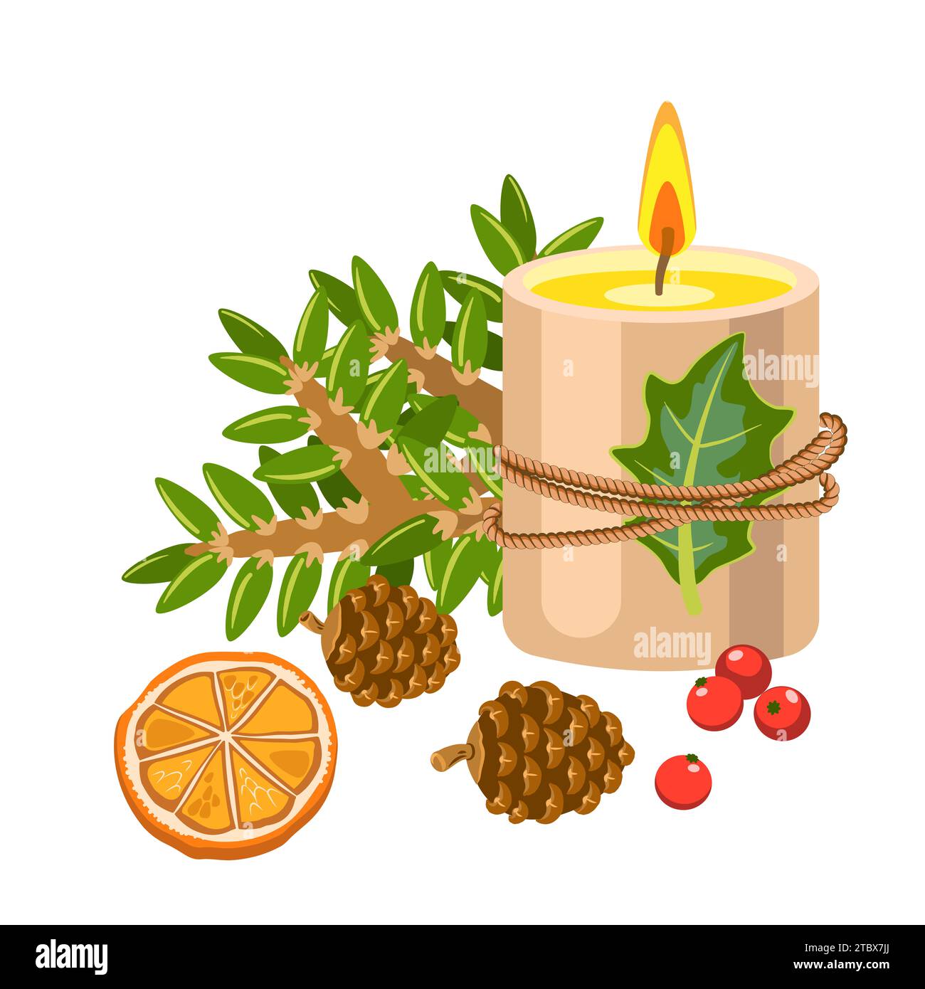Composition décorative pour Noël, nouvel an. Bougie avec flamme, branches de sapin, baies de GUI, pommes de pin. Banque D'Images