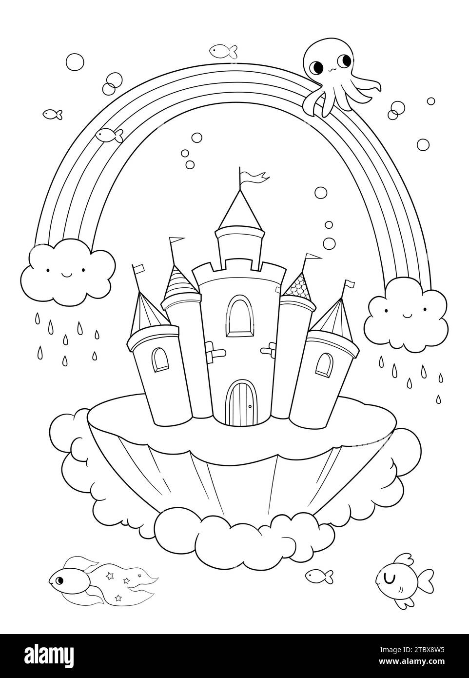 Illustration de ligne de château de Sirène. Page de livre de coloriage, noir et blanc. Style Doodle, dessin à la main. habitants de la mer et algues Illustration de Vecteur