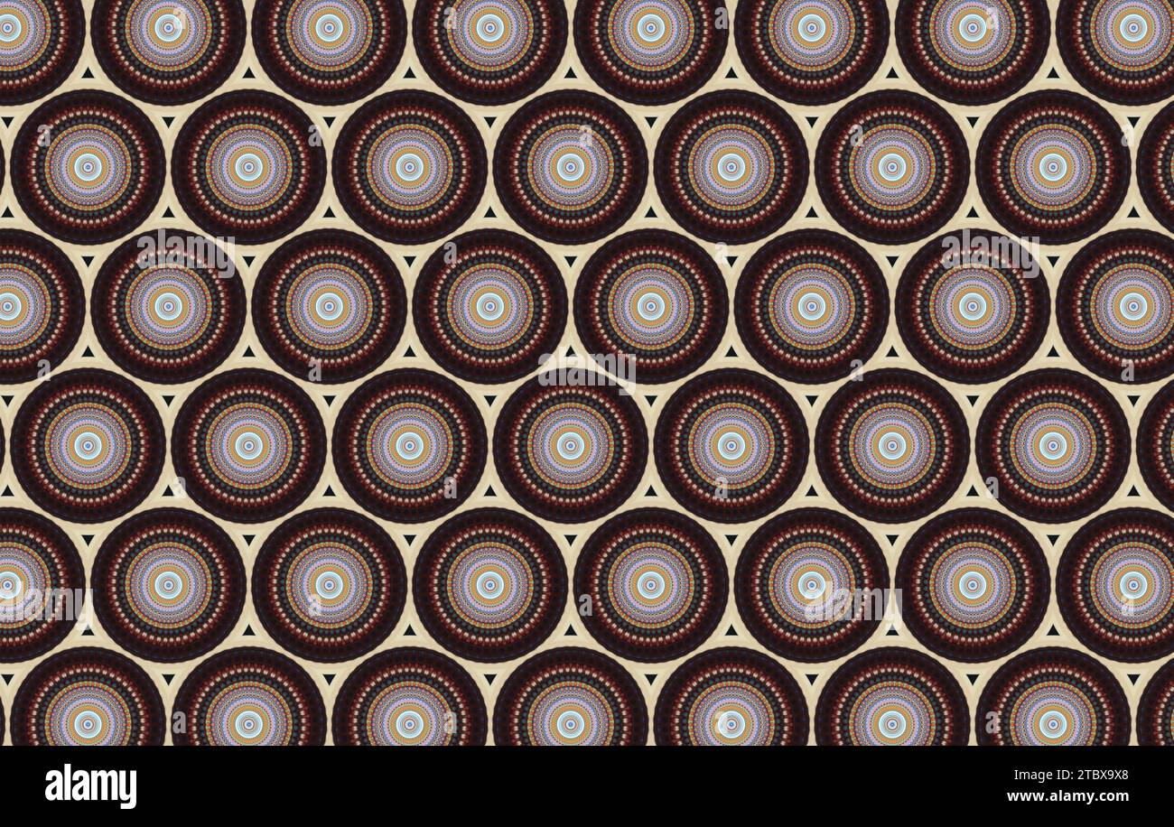 Une image conceptuelle abstraite de formes circulaires et de points de différentes tailles sur un fond brun solide Banque D'Images