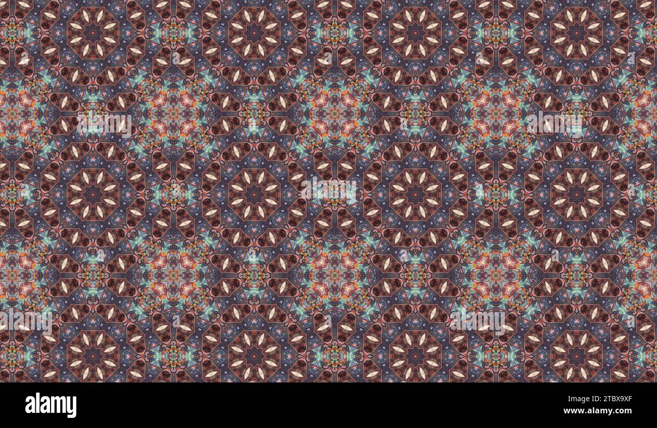 Un motif sans couture orné avec des fleurs stylisées et des points dans les tons de bleu, brun et blanc Banque D'Images