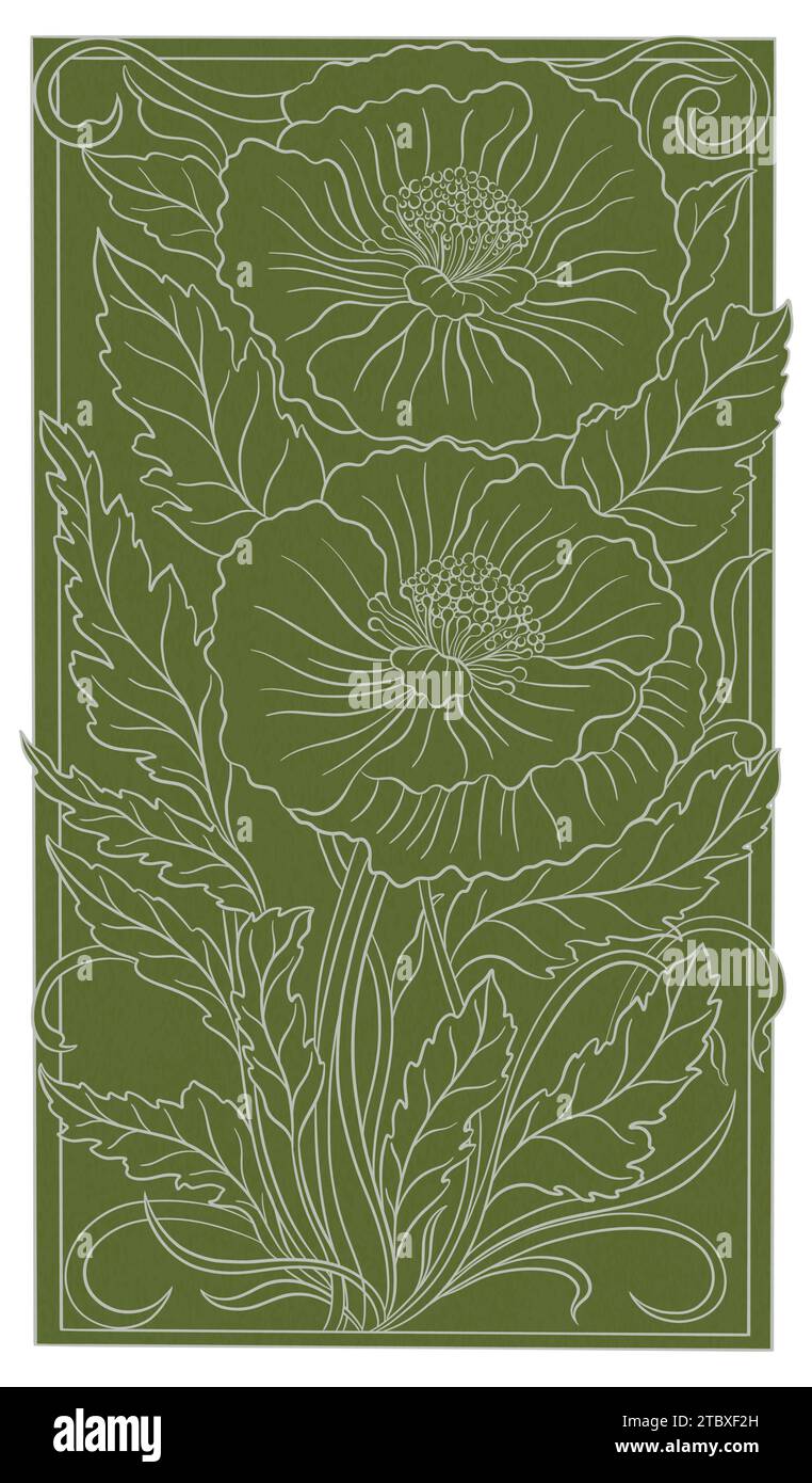 Plante de pavot floral en art nouveau 1920-1930. Dessiné à la main avec des tissages de lignes, de feuilles et de fleurs. Illustration de Vecteur