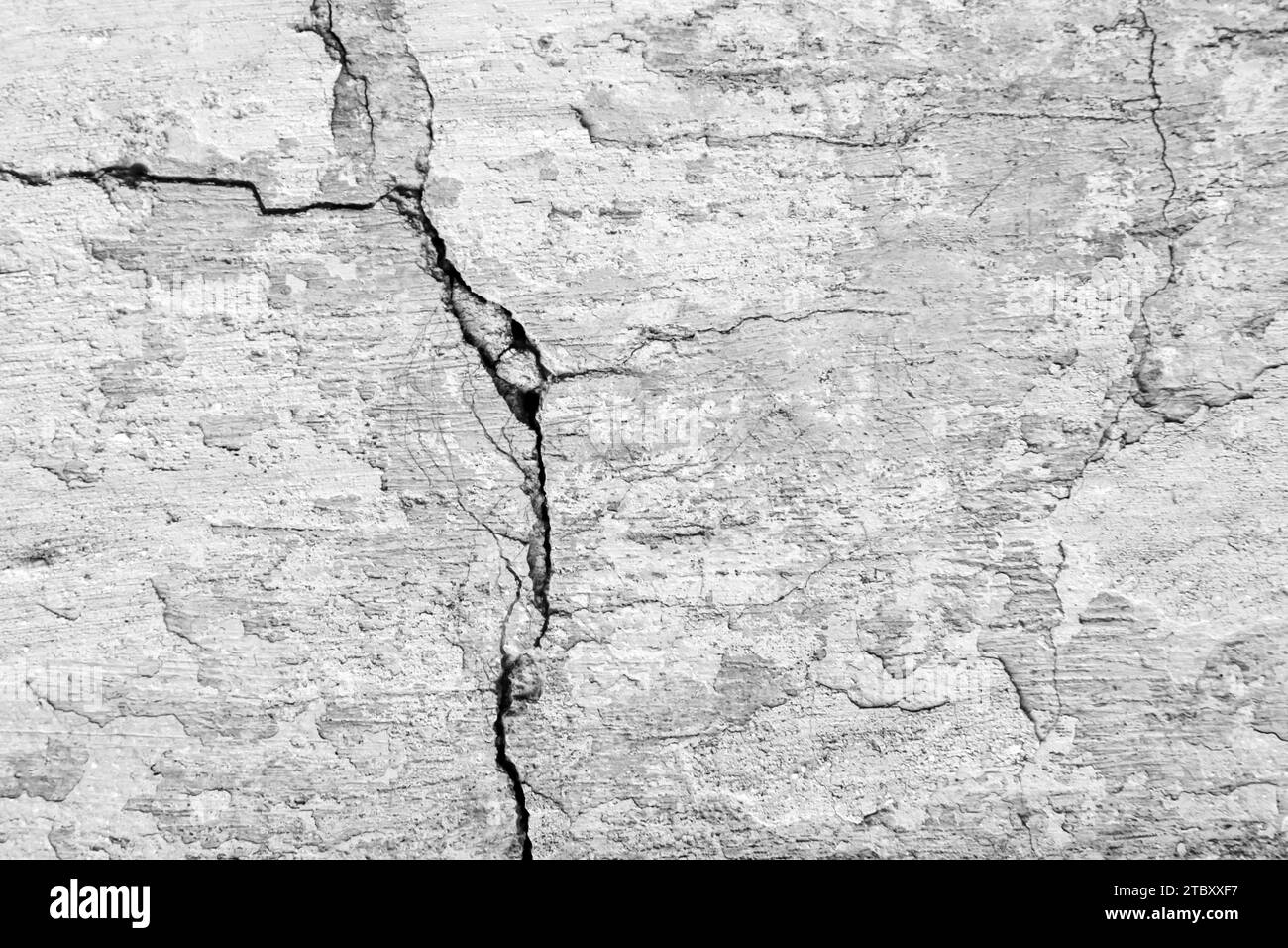 Grande fissure verticale à longue courbe sur le vieux plâtrage et mur peint. Espace de copie. Photo noir et blanc. Mise au point sélective. Banque D'Images