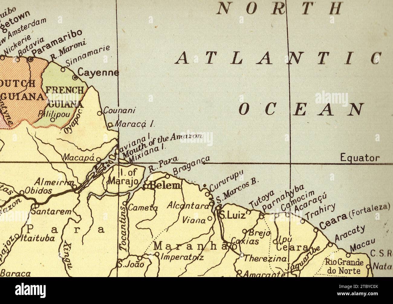 Une carte politique vintage/antique en sépia montrant la côte nord du Brésil. Banque D'Images