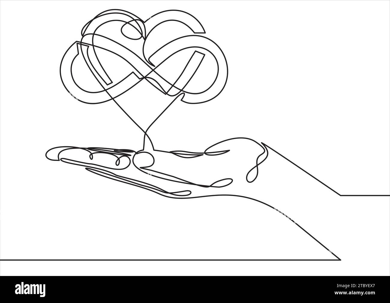 Mains tenant un fil en forme de cœur.le signe de l'infini. Love Forever-Continuous Line Illustration de Vecteur