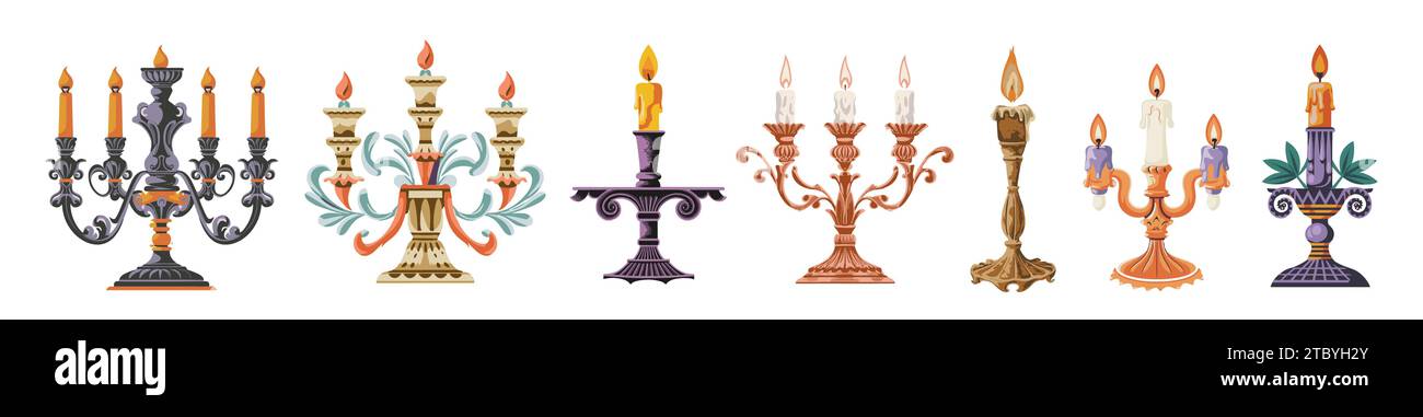 Ensemble de différents chandeliers rétro et candélabres Illustration de Vecteur