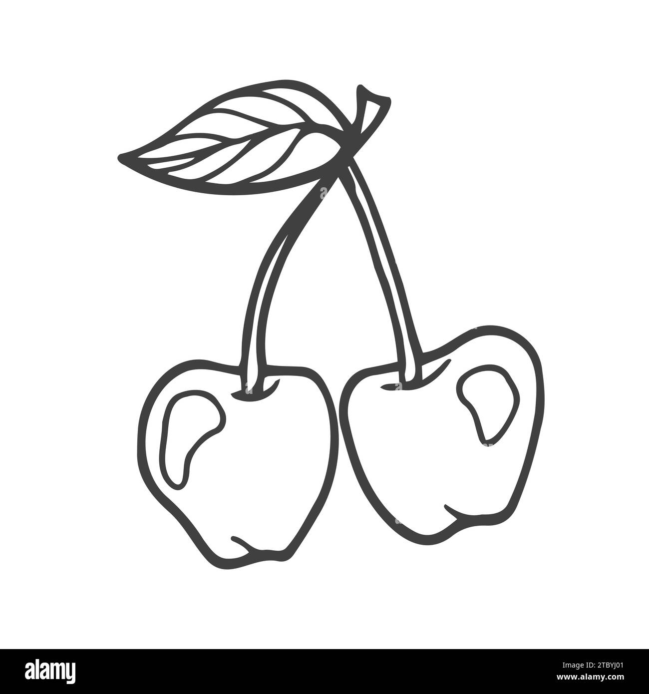 Icône de gribouillage dessinée à la main cerise. Illustration vectorielle croquis de baies saines - cerise crue fraîche sur une branche avec une feuille pour imprimer, web, mobile a Illustration de Vecteur