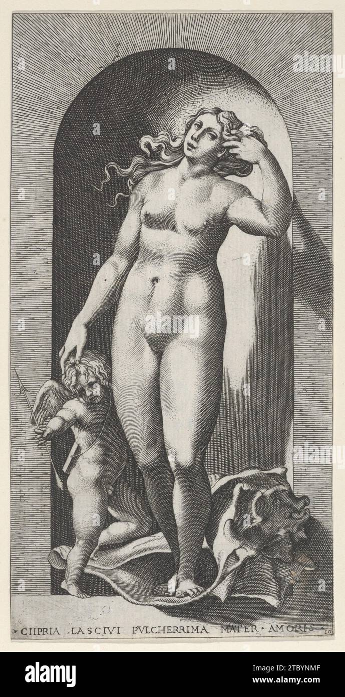 Planche 10 : Vénus dans une niche, debout sur une coquille de conque, avec Cupidon à sa droite, de 'Mythological Gods and Goddessess' 1949 par Giovanni Jacopo Caraglio Banque D'Images
