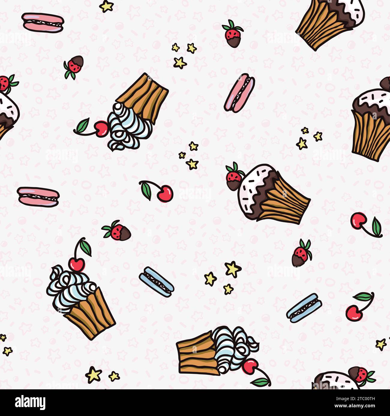 Modèle sans couture de gâteau sucré avec des desserts. Macaron, muffin, pudding, gâteau aux cerises et fraises. Illustration vectorielle dessinée à la main backgroun Illustration de Vecteur