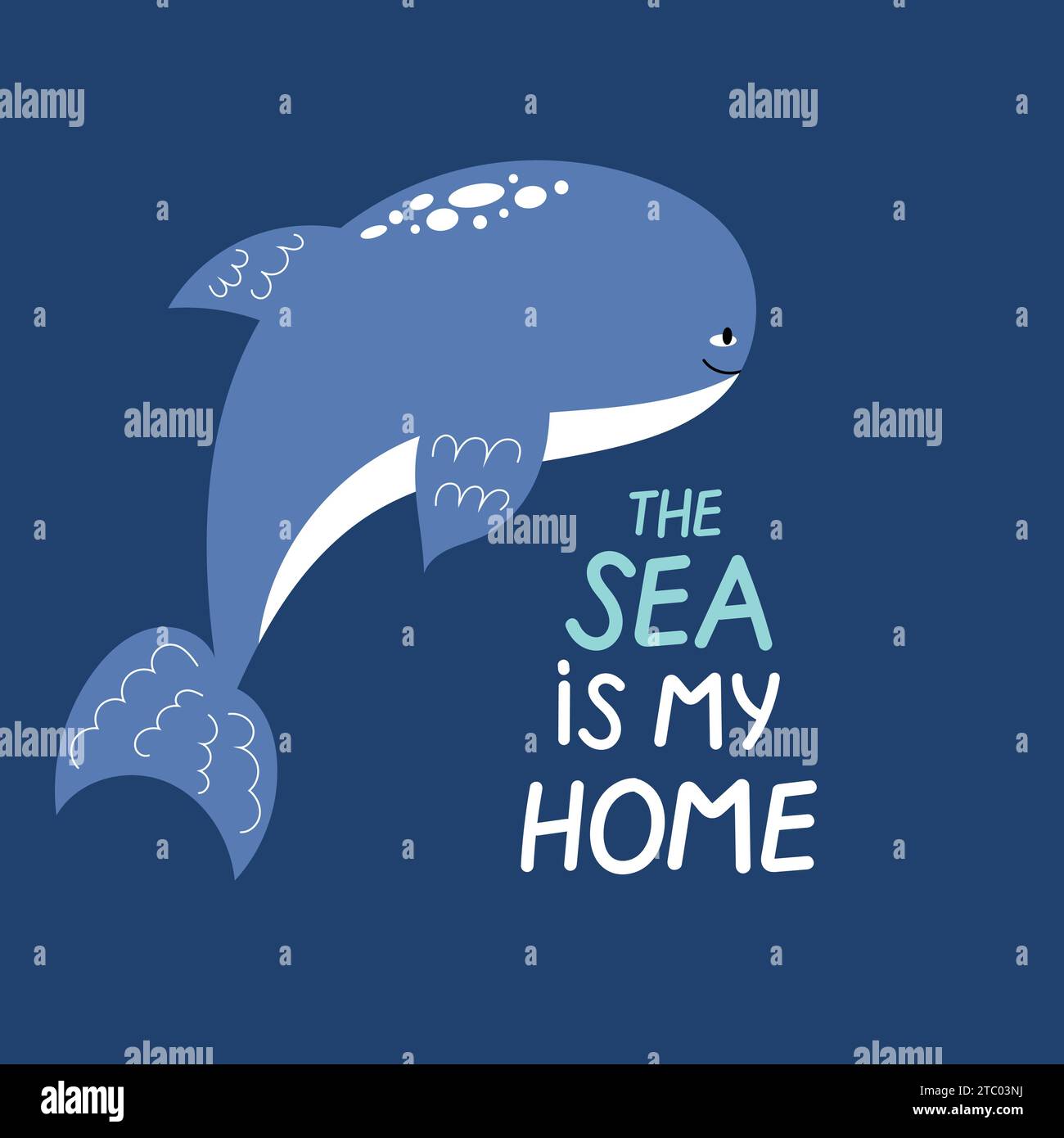 Jolie baleine souriante dessinée à la main. La mer est ma maison. Concept Ocean Protect pour les enfants. Illustration de Vecteur