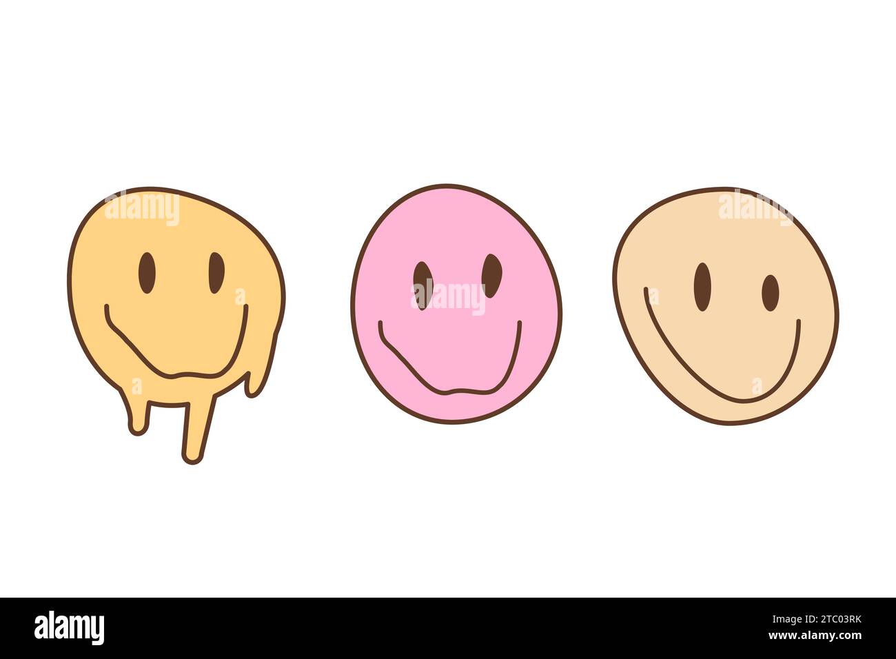 Ensemble de visages souriants dégoulinants et fondants délimitent des icônes de couleur. Drug trip culture hippie psychédélique a inspiré des personnages. Groovy emoji en vintage c Illustration de Vecteur