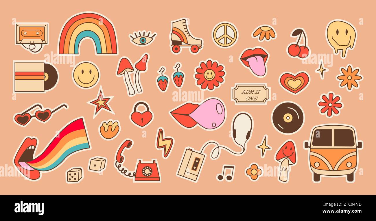 Grand ensemble rétro de stickers avec des éléments de culture hippie. Contour psychédélique positif icônes colorées dans le style des années 70 80. Objets vintage à l'ancienne et Illustration de Vecteur