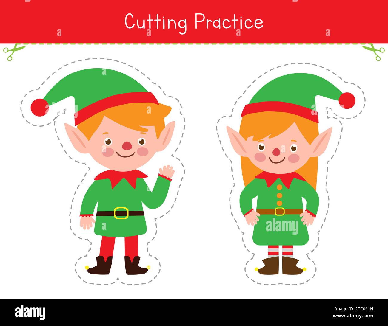 Feuille de travail de Noël pour les enfants. Activité de pratique de coupe. Coupez les elfes mignons Illustration de Vecteur