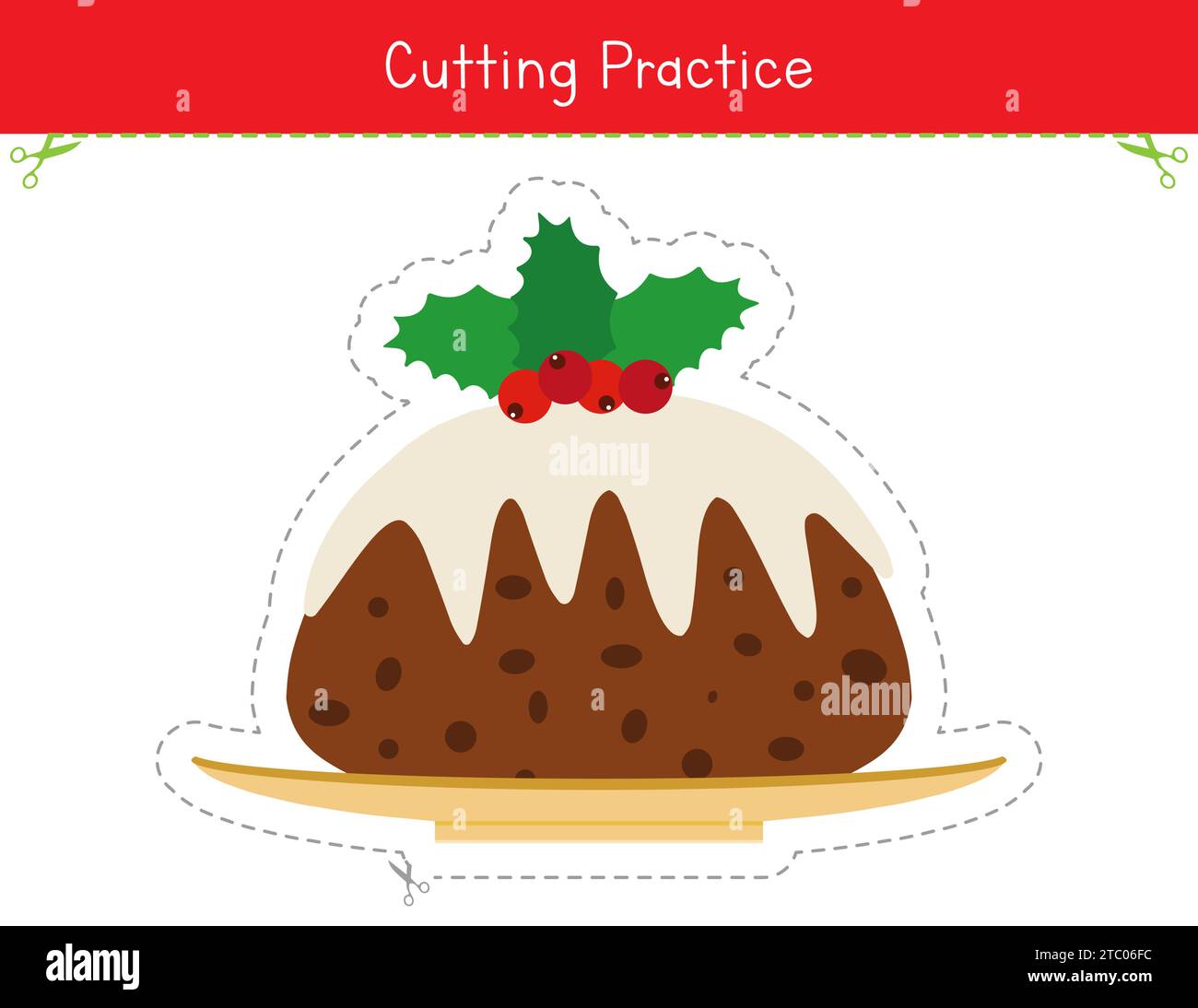 Feuille de travail de Noël pour les enfants avec délicieux pudding de Noël. Jeu éducatif pour les enfants d'âge préscolaire et maternelle. Activité de pratique de coupe Illustration de Vecteur