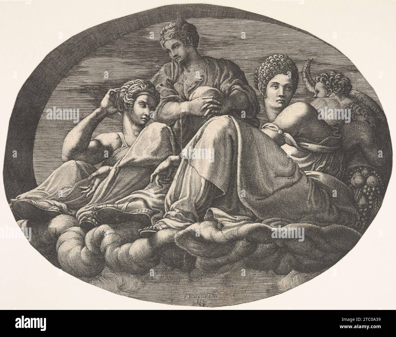 Junon et deux déesses couchées sur des nuages avec deux figurines d'enfants et des fruits à droite, une composition ovale, issue d'une série de huit compositions d'après les dessins de Francesco Primaticcio pour le plafond de la Galerie Ulysse (détruite en 1738-39) à Fontainebleau 2012 par Giorgio Ghisi Banque D'Images