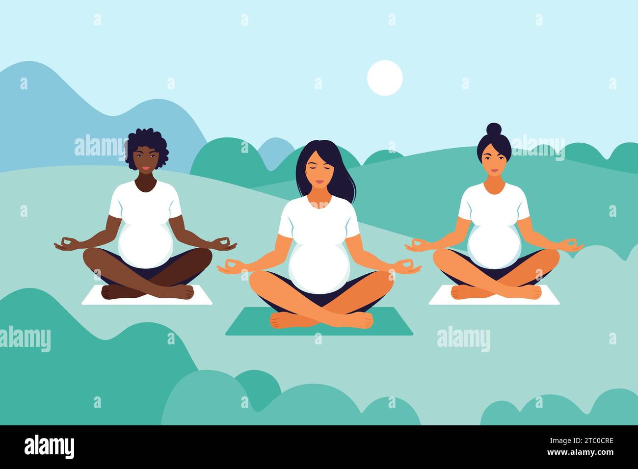 Femmes enceintes avec paysage. Cours de yoga en plein air. Méditation avec entraîneur dans le parc. L'entraînement prénatal à la relaxation. Illustration vectorielle plate. Illustration de Vecteur