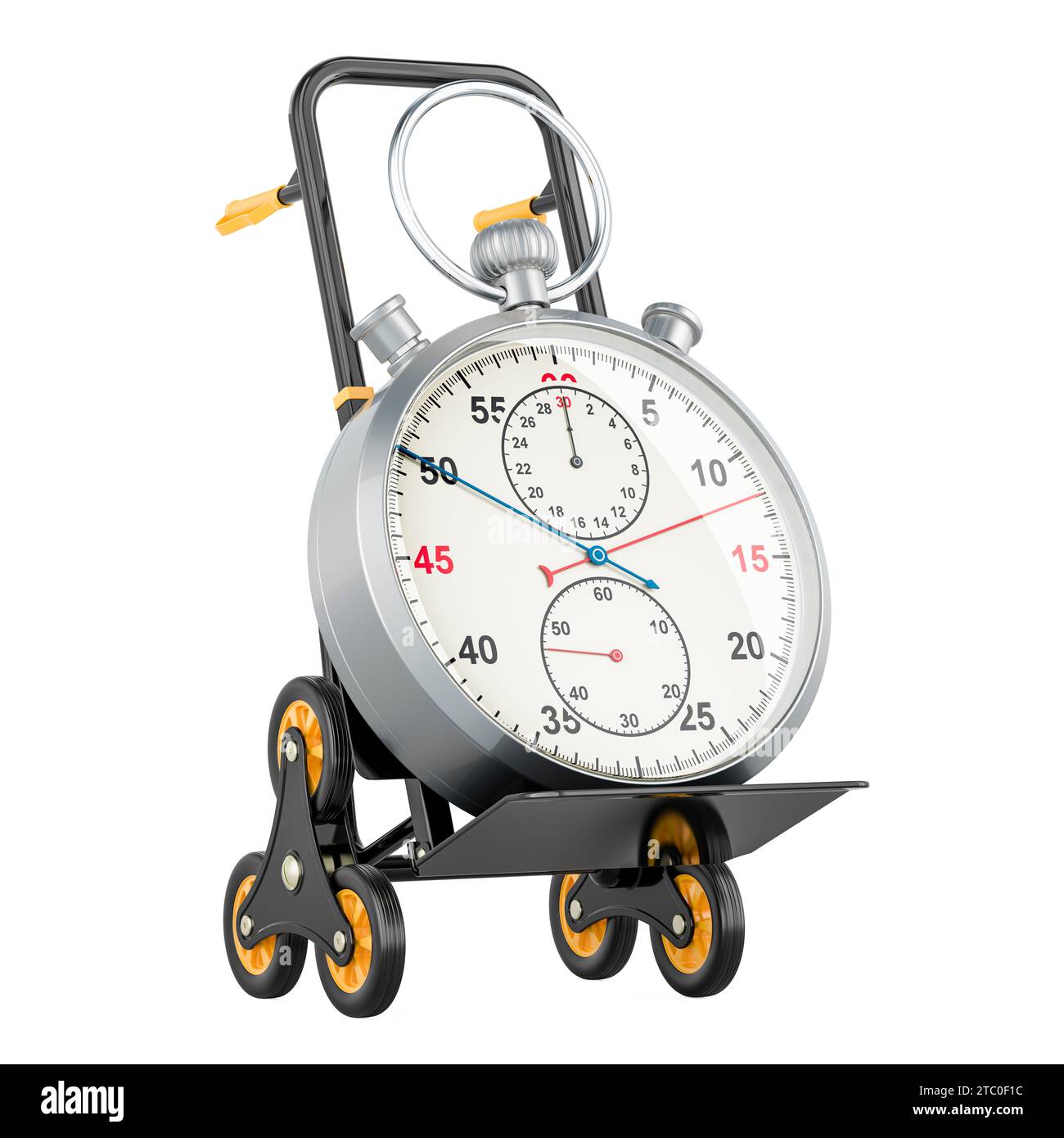 Chariot à main avec chronomètre. Concept de livraison rapide, rendu 3D isolé sur fond blanc Banque D'Images