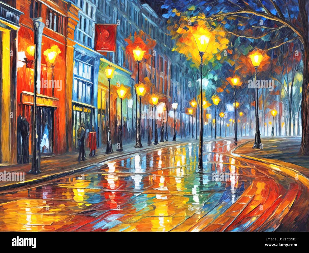 Vibrance illuminée : la Symphonie des rues de la ville par peinture de nuit (huile sur toile). Banque D'Images