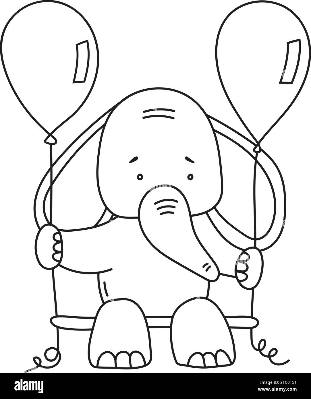 Coloriage page dispose D'Un éléphant dessiné mignon Swinging avec des ballons, parfait pour la créativité des enfants, et vient comme Une illustration vectorielle dans Un livre de coloriage Illustration de Vecteur
