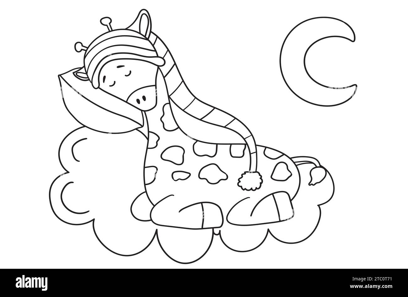 Page de coloriage pour les enfants mettant en vedette Une girafe endormie dans Une casquette sur Un oreiller de nuage, parfait pour la créativité des enfants, et vient comme Une illustration vectorielle dans Un livre de coloriage Illustration de Vecteur