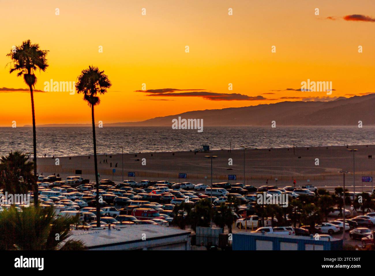 Coucher de soleil à Santa Monica Beach avec des palmiers en silhouette, Santa Monica, Californie, avec des voitures garées près de la plage dans le sud de la Californie en été Banque D'Images