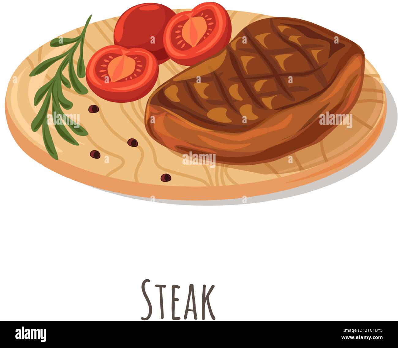 Steak, morceau de bœuf grillé ou de porc avec tomates Illustration de Vecteur