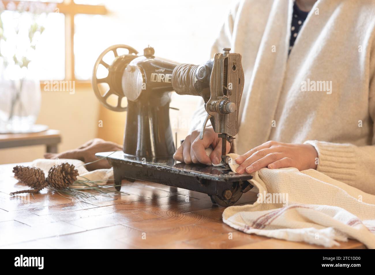 Vue intérieure d'une femme travaillant avec du tissu sur une machine à coudre vintage, par la fenêtre Banque D'Images