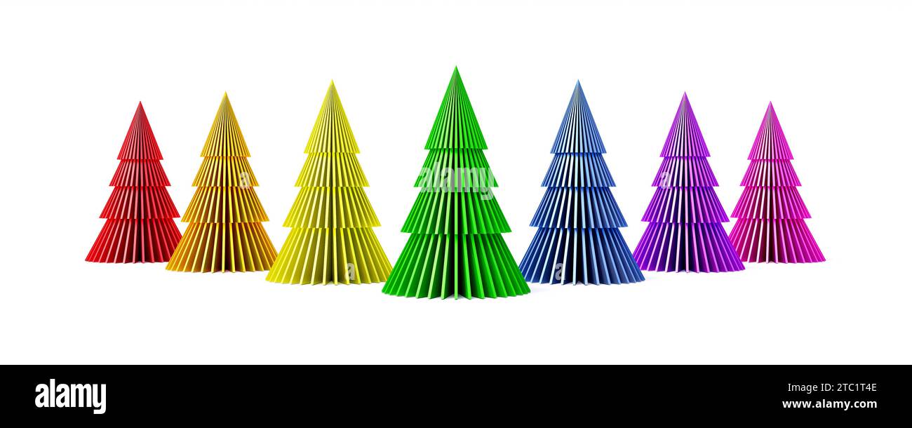 Rainbow couleurs arbres de Noël en rangée sur fond blanc 3d rendu illustration 3D. Banque D'Images