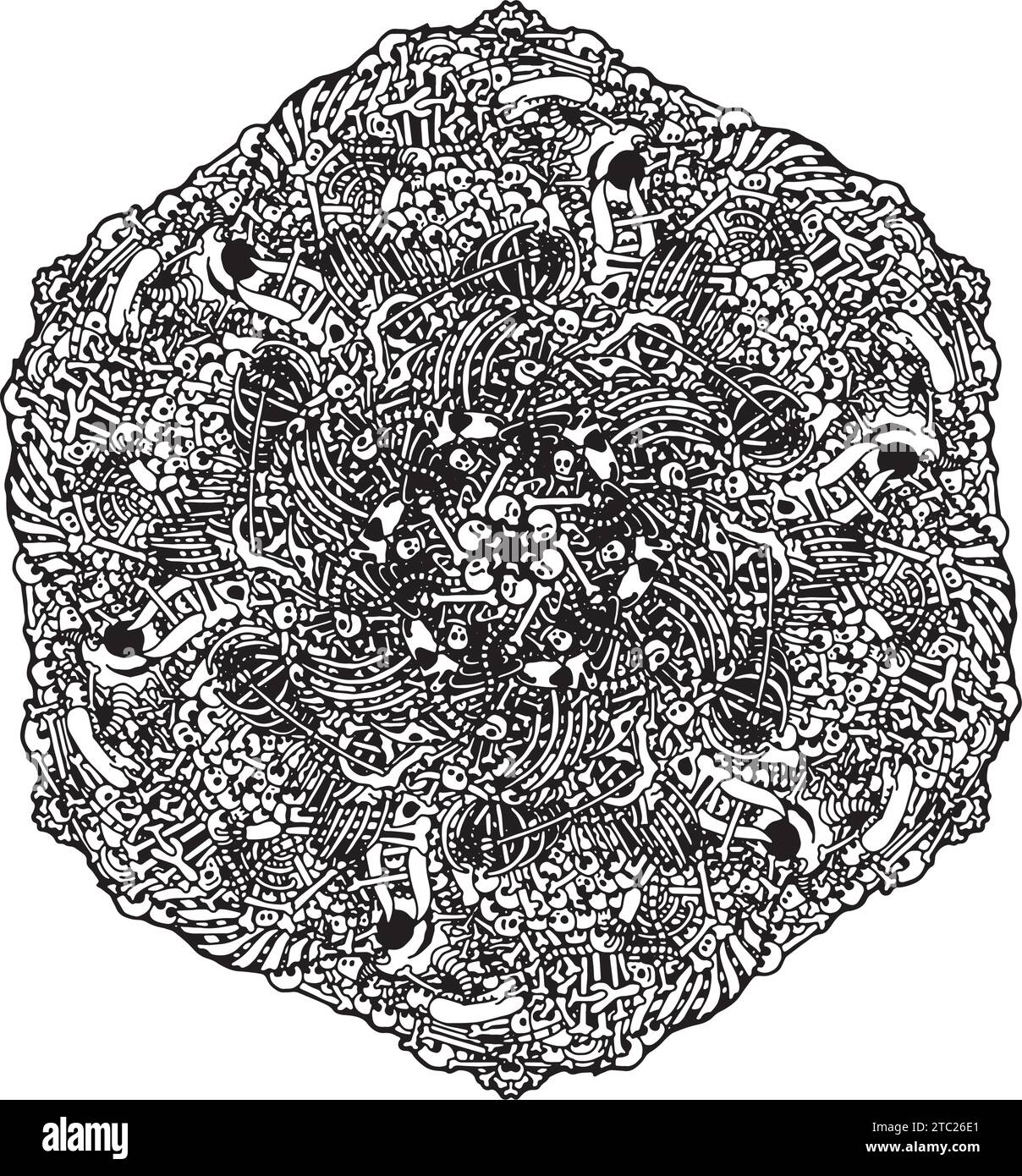 Composition hexagonale ornementale avec des os préhistoriques, des créatures mythologiques et des parties extraterrestres complexes Illustration de Vecteur