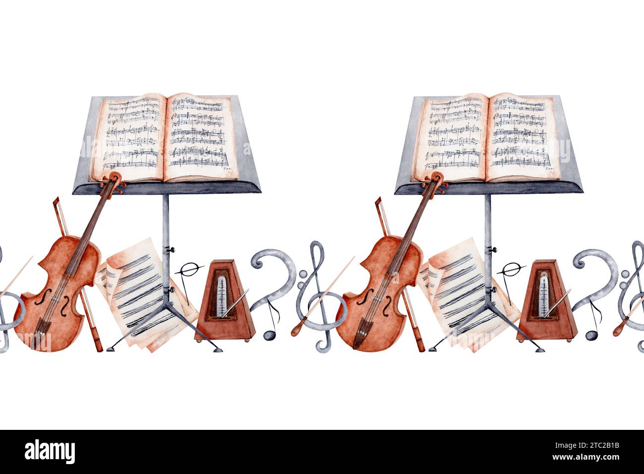 Bannière sans fin avec violon, Music Stand, partitions, Baton, métronome, aigus, Bass clef et notes de musique. Musique classique Aquarelle Illustration Banque D'Images