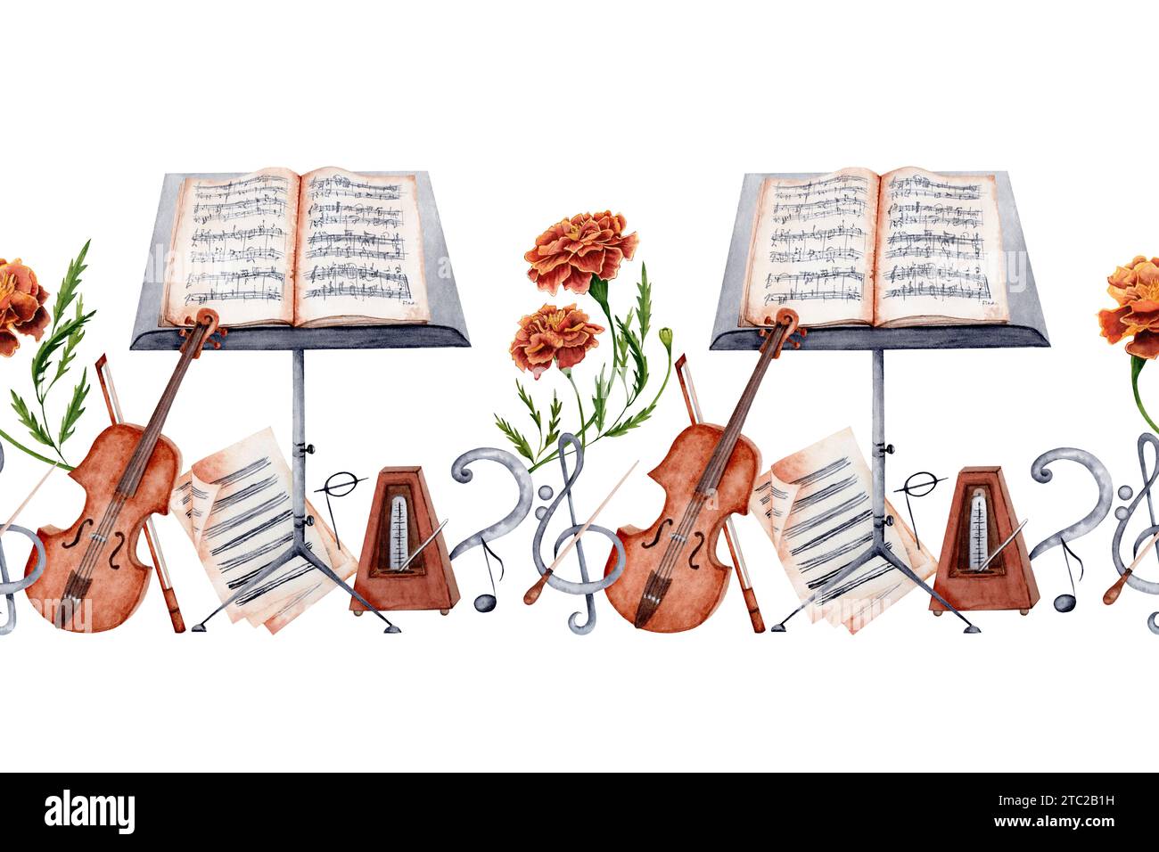 Bannière transparente de musique classique . Violon, Music Stand, partitions, métronome, Baton décoré de fleurs de souci. Illustration d'aquarelle isolée Banque D'Images