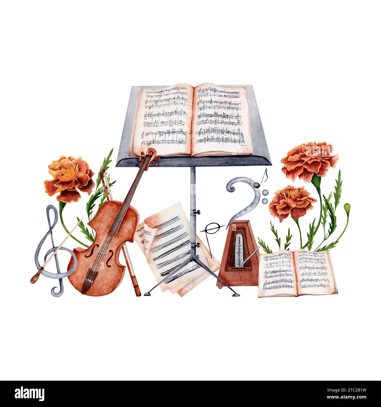 Violon, pupitre à musique, partitions, Baton, métronome, aigus et Bass clef décorés de fleurs de souci. Illustration à l'aquarelle Banque D'Images