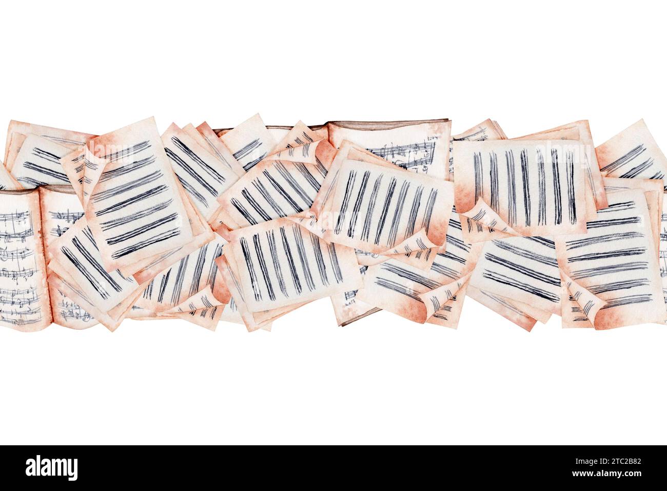 Bannière transparente sans fin pour la musique en feuille. Elément de conception d'illustration d'aquarelle de musique classique. Illustration d'aquarelle isolée dessinée à la main Banque D'Images