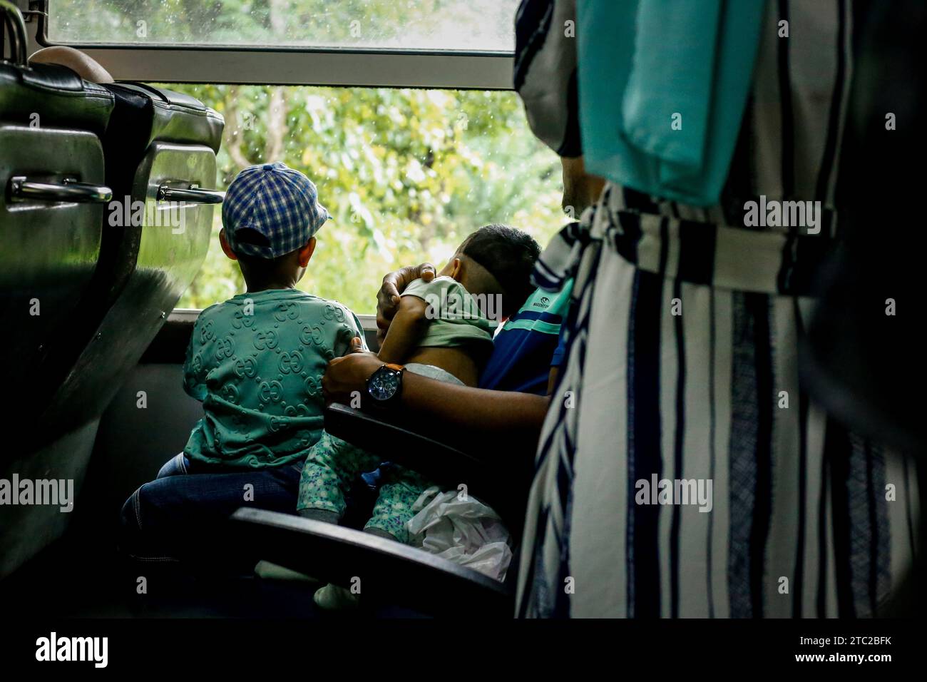 Enfants et famille profitant de la beauté des zones vallonnées dans le train Banque D'Images