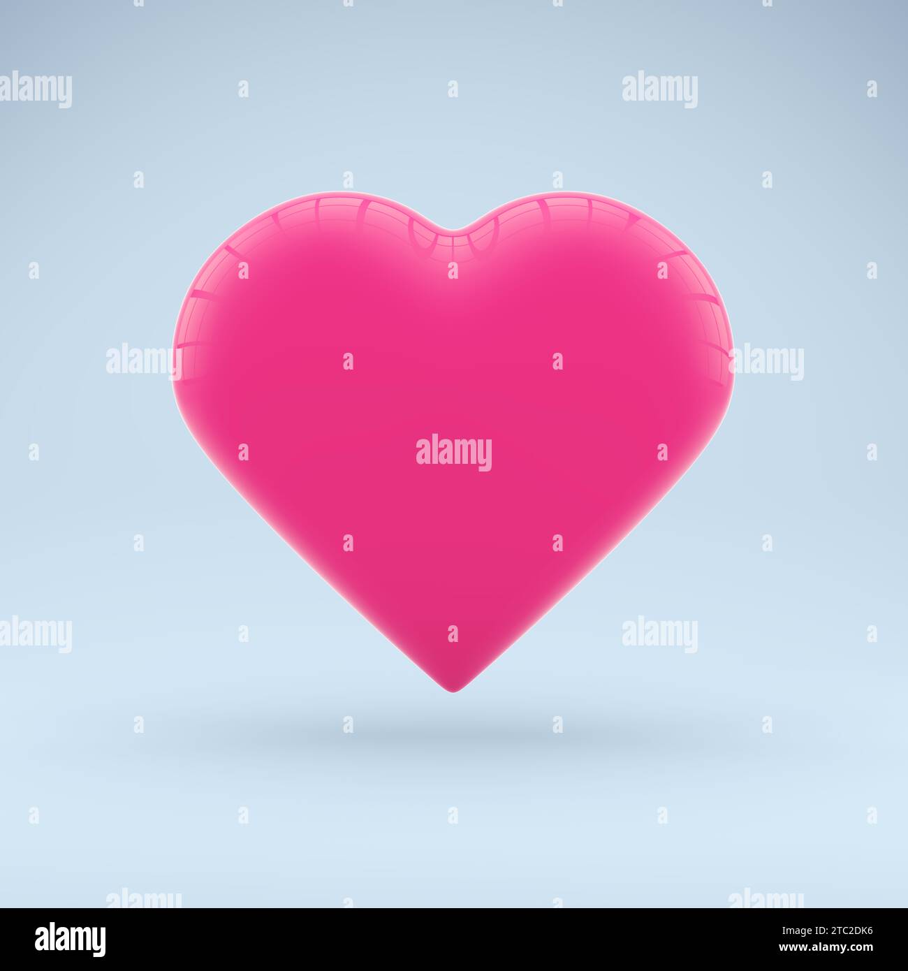 Icône de coeur rose. Carte de Saint-Valentin. Symbole de l'amour. Forme de coeur brillant sur fond bleu doux avec effet de réflexion et ombre. Rendu 3D. Banque D'Images