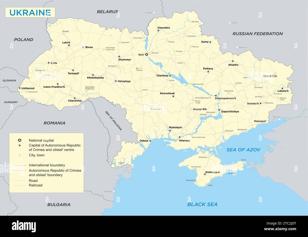 Carte détaillée de l'Ukraine avec les villes, les routes, les rivières, les régions. Banque D'Images