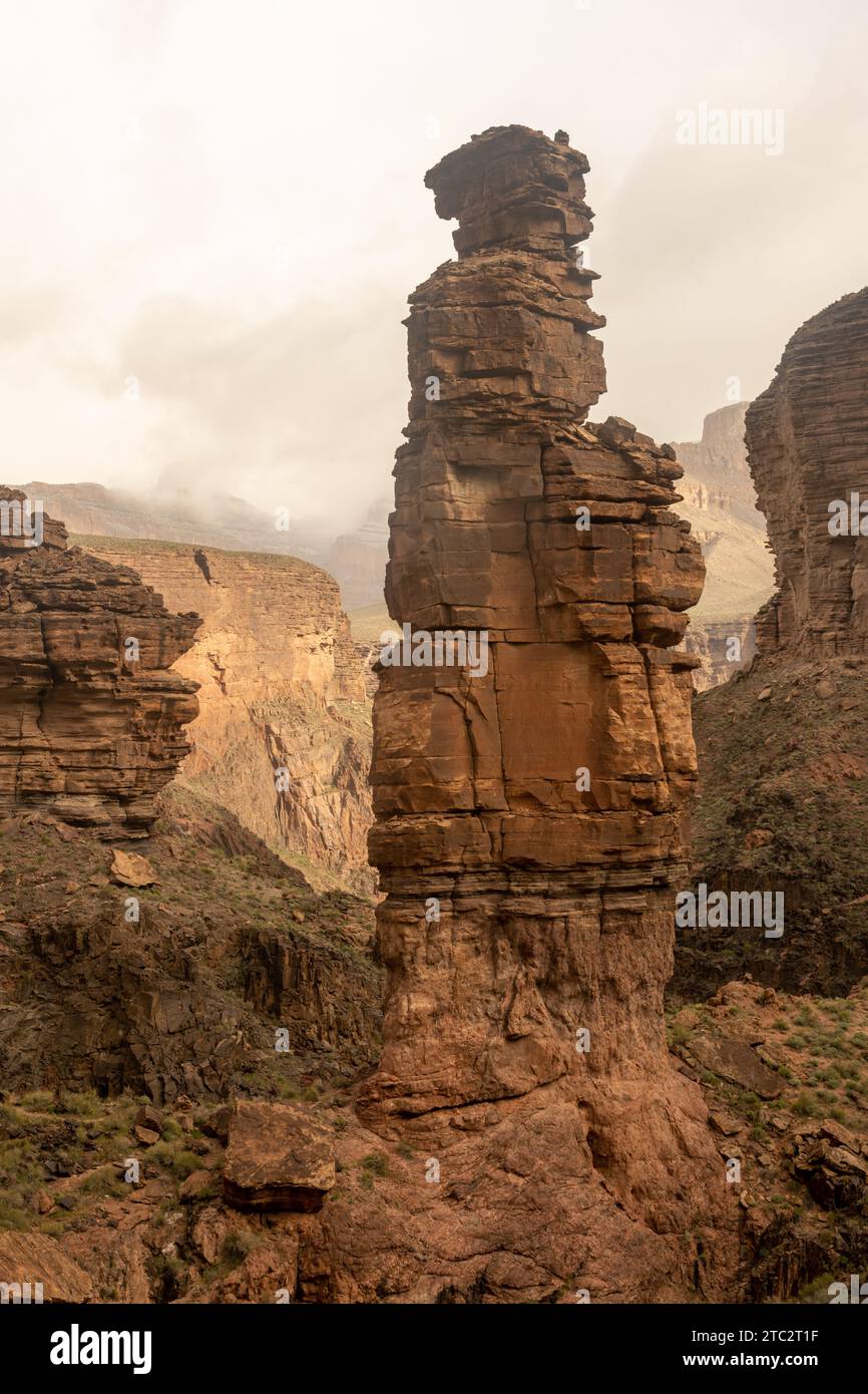 Monument Creek Tower se dresse seule le long du Canyon au-dessus de Granite Rapids dans le parc national du Grand Canyon Banque D'Images